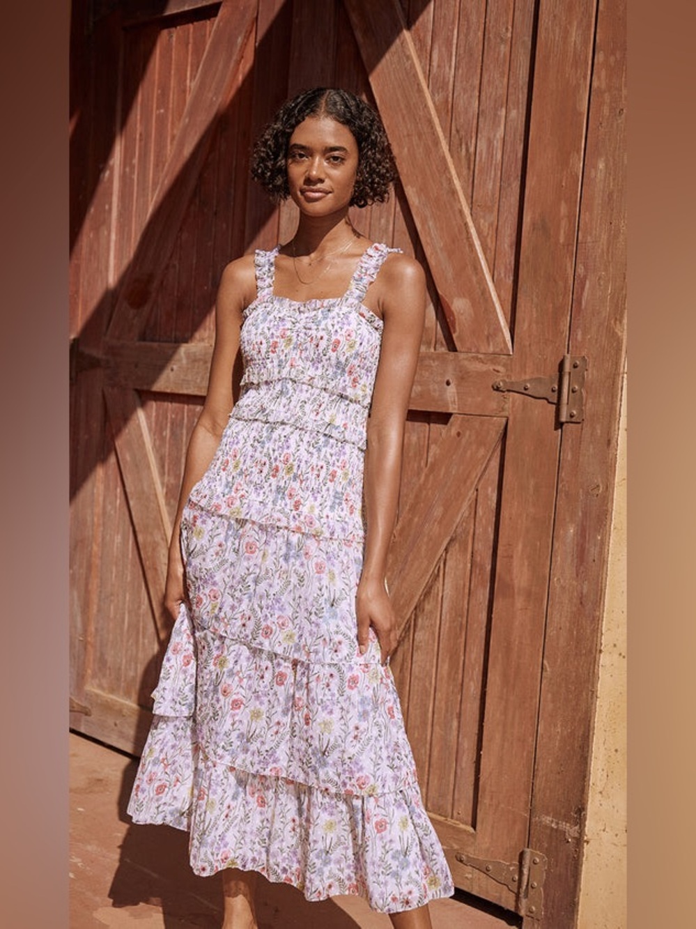SAYLOR Dress Midi Floral Tiered Ruffle White Blue Small S